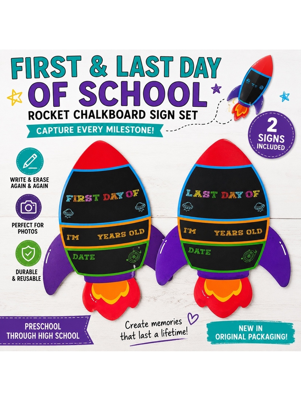 Rocket First & Last Day of School Chalkboard Photo Prop Reusable Sign